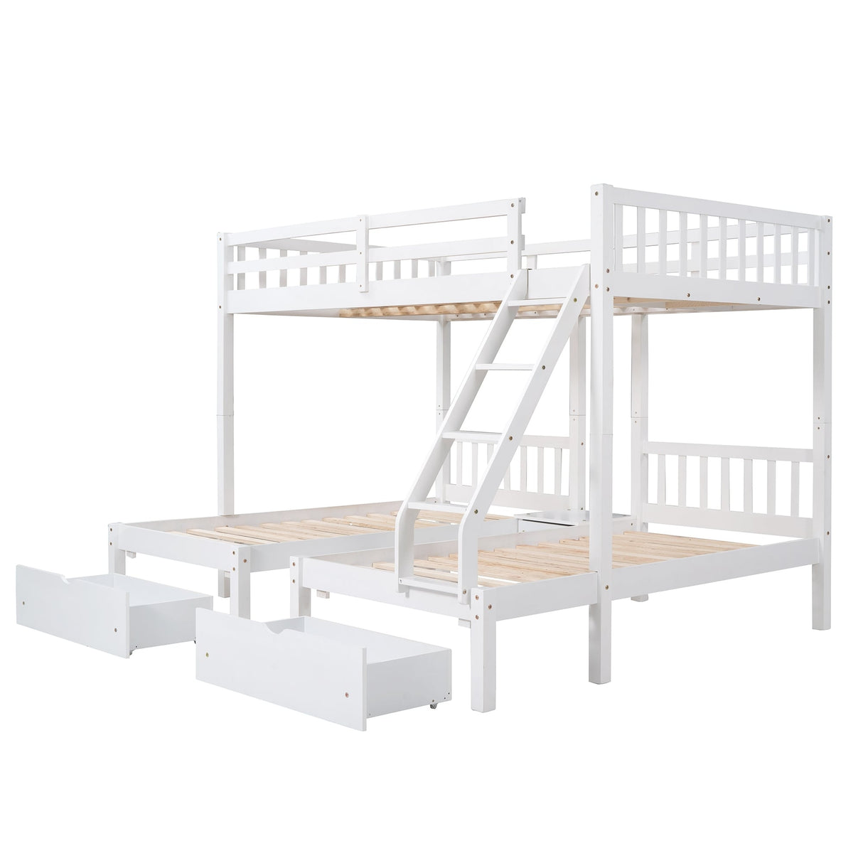 Full Over Twin & Twin Bunk Bed, Wood Triple Bunk Bed Stairs with Drawers and Guardrails, White