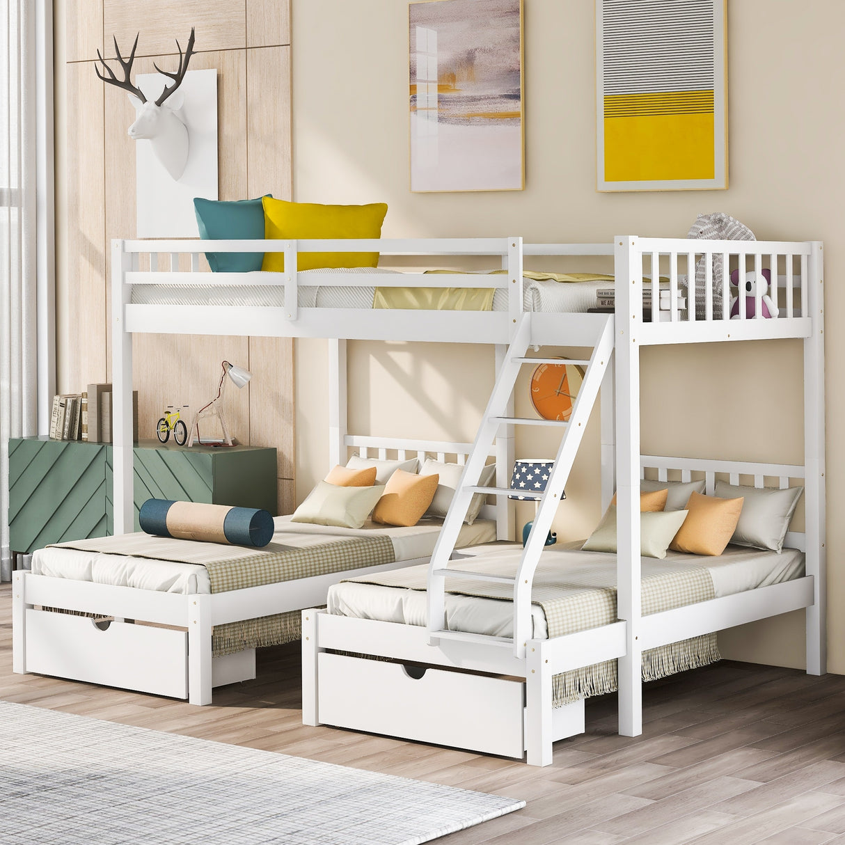 Full Over Twin & Twin Bunk Bed, Wood Triple Bunk Bed Stairs with Drawers and Guardrails, White