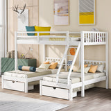 Full Over Twin & Twin Bunk Bed, Wood Triple Bunk Bed Stairs with Drawers and Guardrails, White