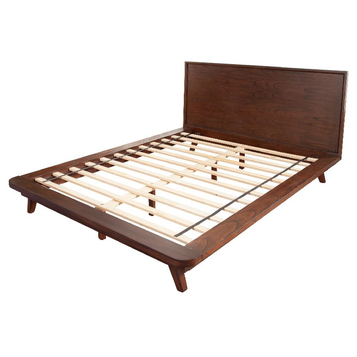 Full Platform Bed with Angled Legs and Grain Details, Dark Brown
