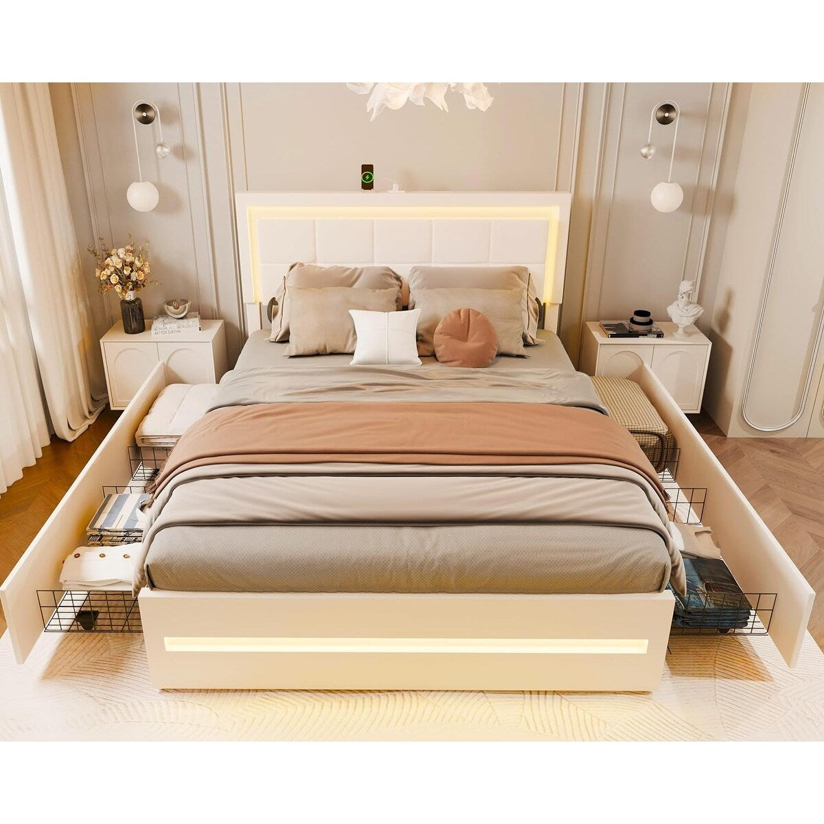 XINMICS Full/Queen Bed Frame with RGB LED Lights and 4 Storage Drawers