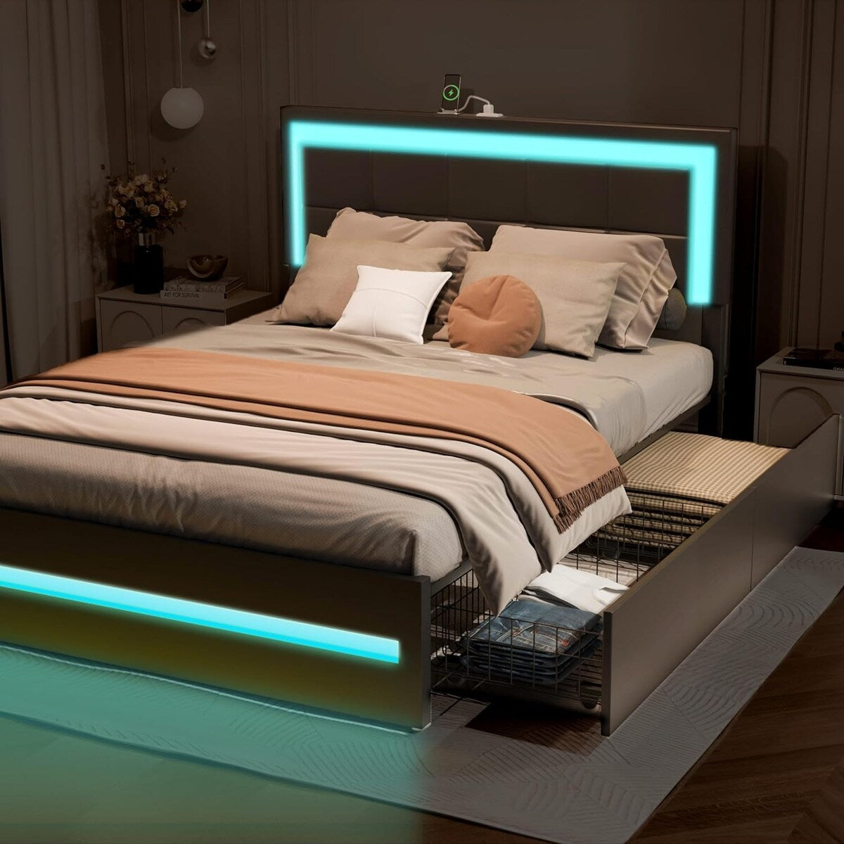 XINMICS Full/Queen Bed Frame with RGB LED Lights and 4 Storage Drawers