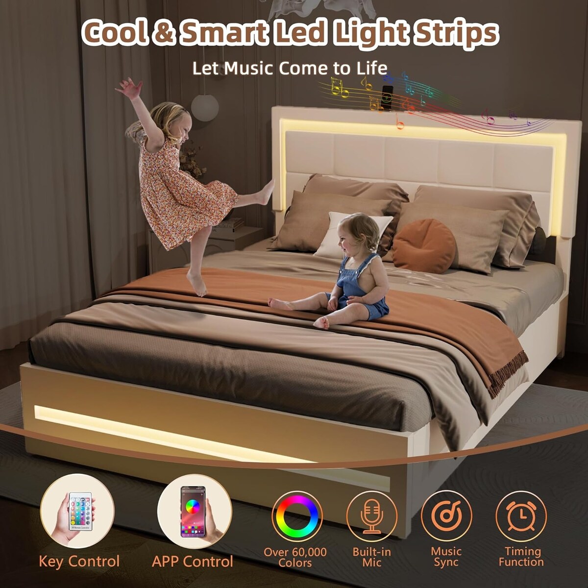 XINMICS Full/Queen Bed Frame with RGB LED Lights and 4 Storage Drawers