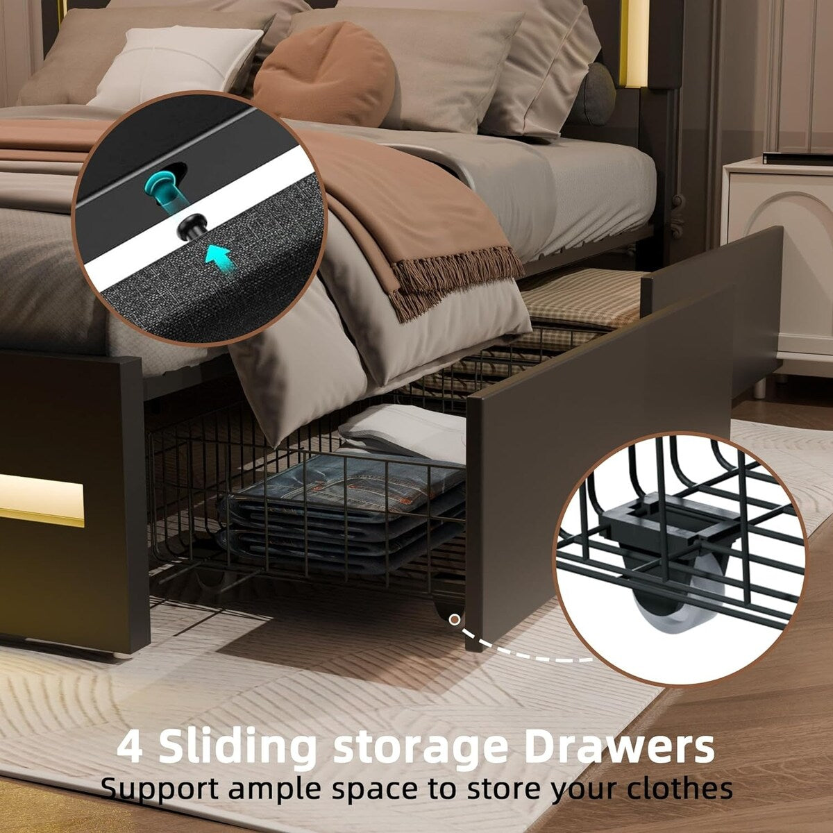 XINMICS Full/Queen Bed Frame with RGB LED Lights and 4 Storage Drawers