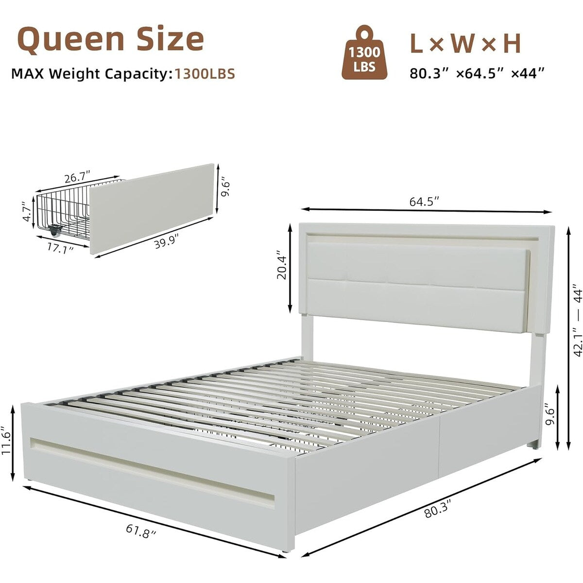 XINMICS Full/Queen Bed Frame with RGB LED Lights and 4 Storage Drawers
