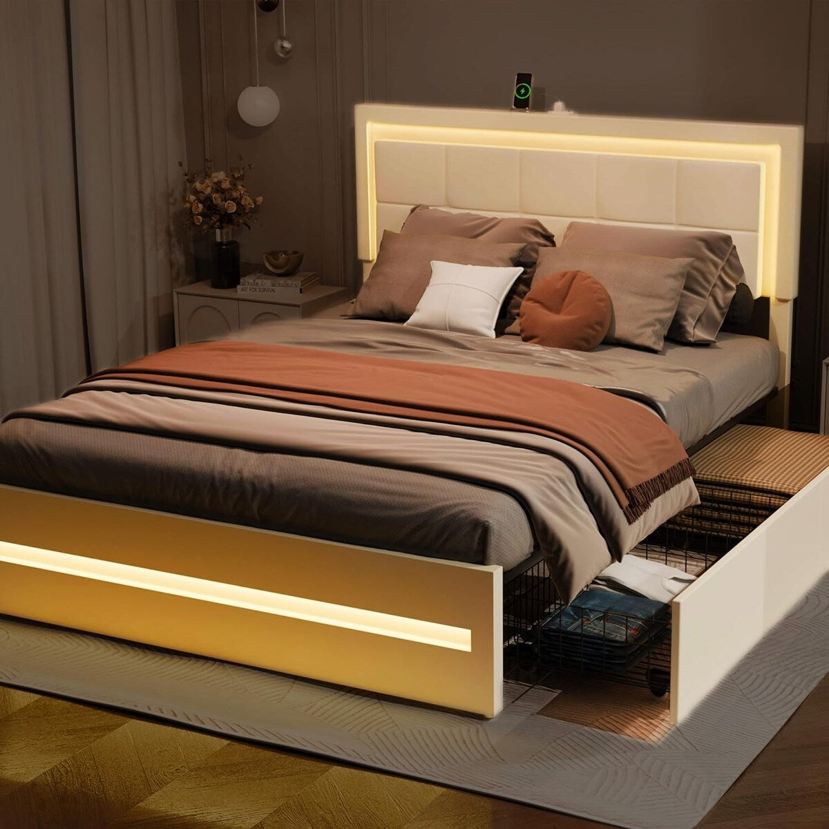 XINMICS Full/Queen Bed Frame with RGB LED Lights and 4 Storage Drawers