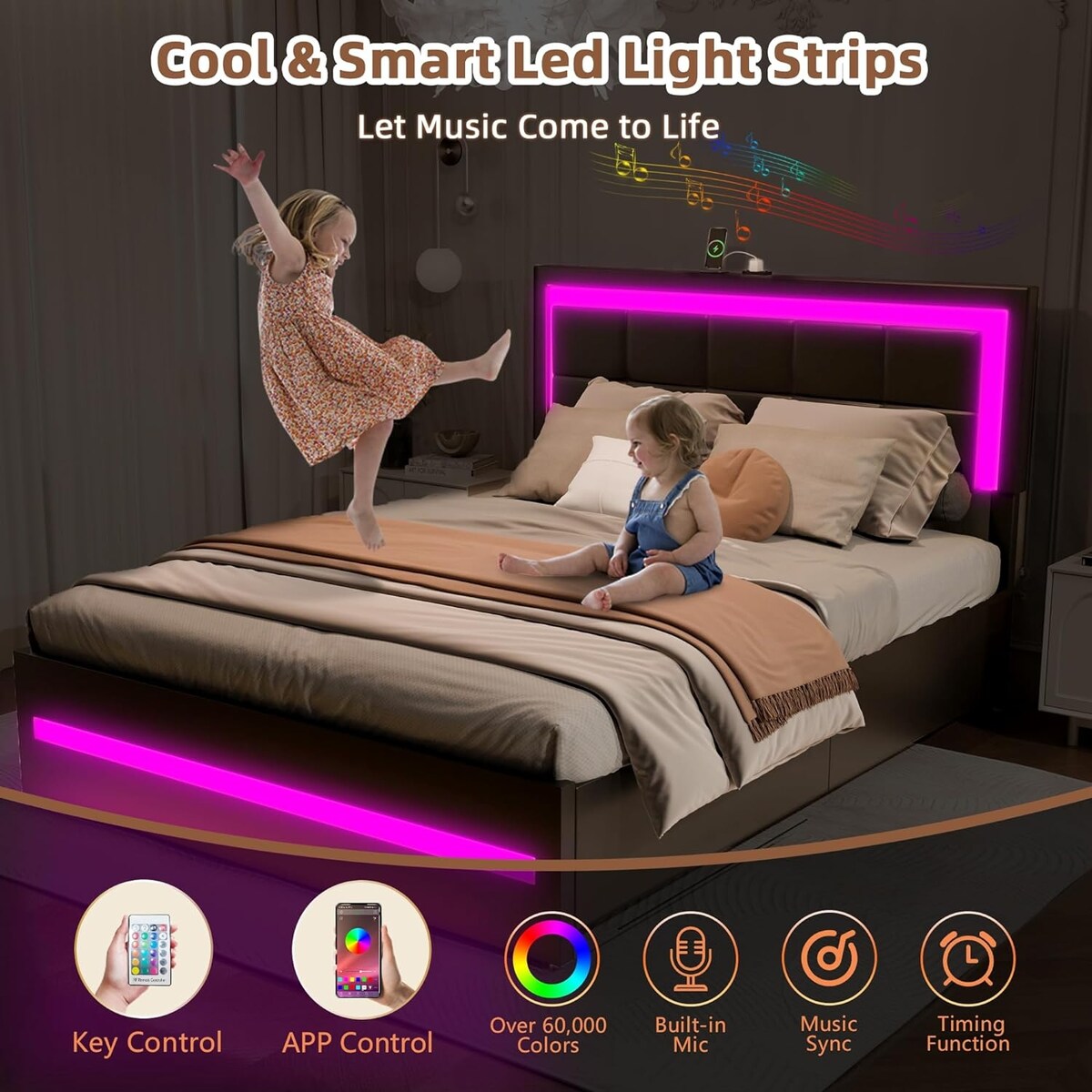 XINMICS Full/Queen Bed Frame with RGB LED Lights and 4 Storage Drawers