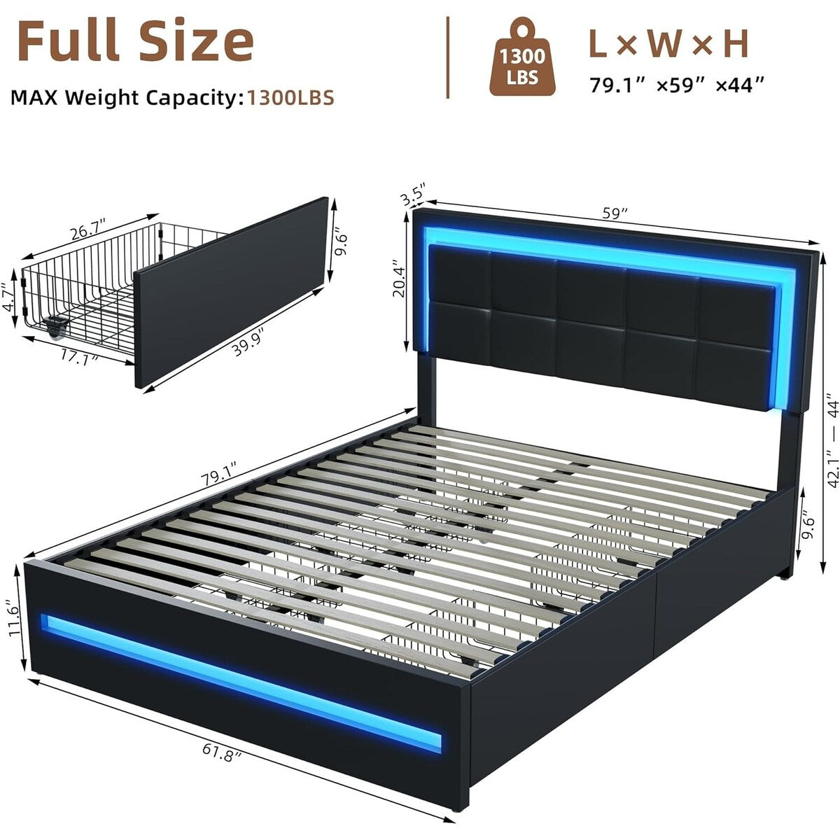 XINMICS Full/Queen Bed Frame with RGB LED Lights and 4 Storage Drawers