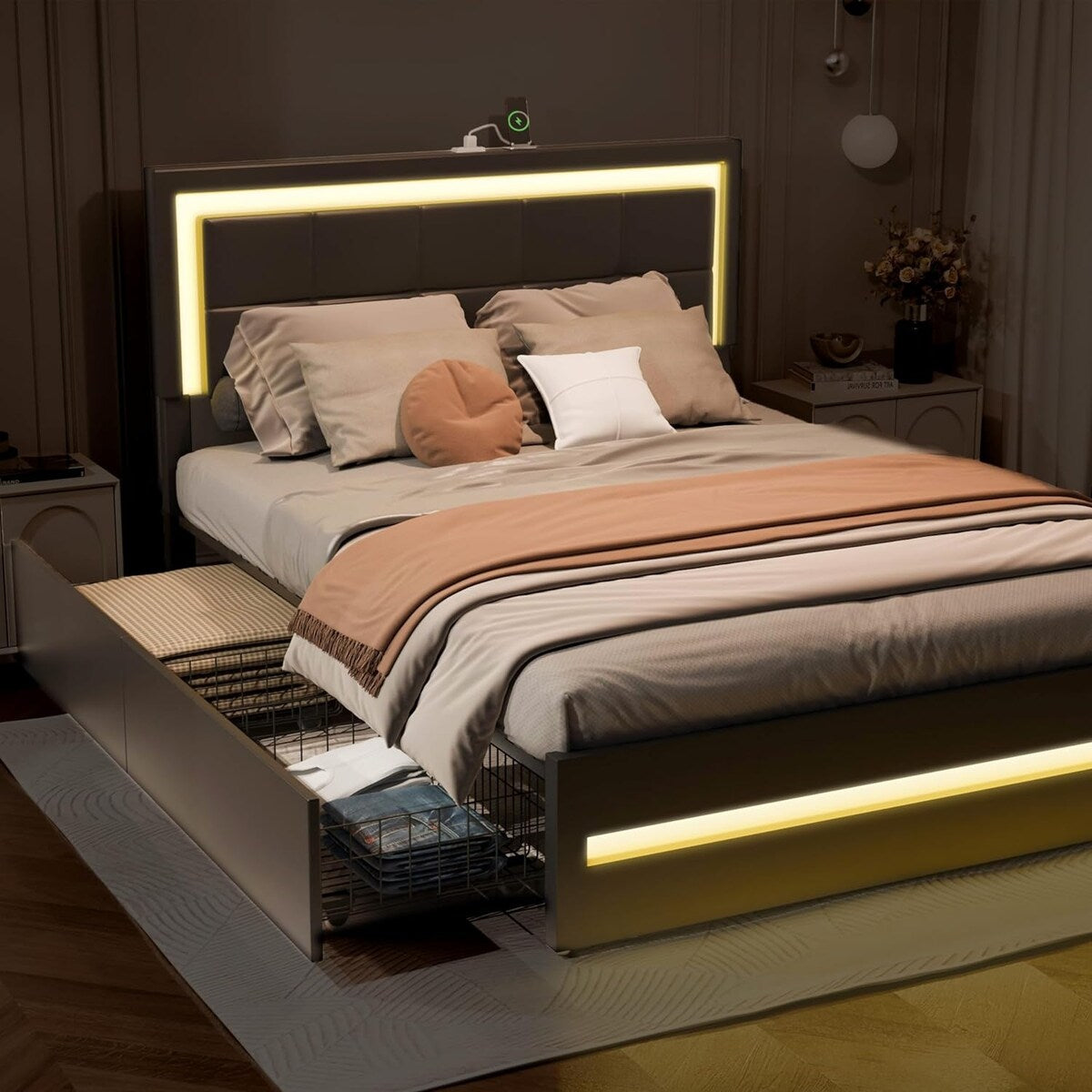 XINMICS Full/Queen Bed Frame with RGB LED Lights and 4 Storage Drawers
