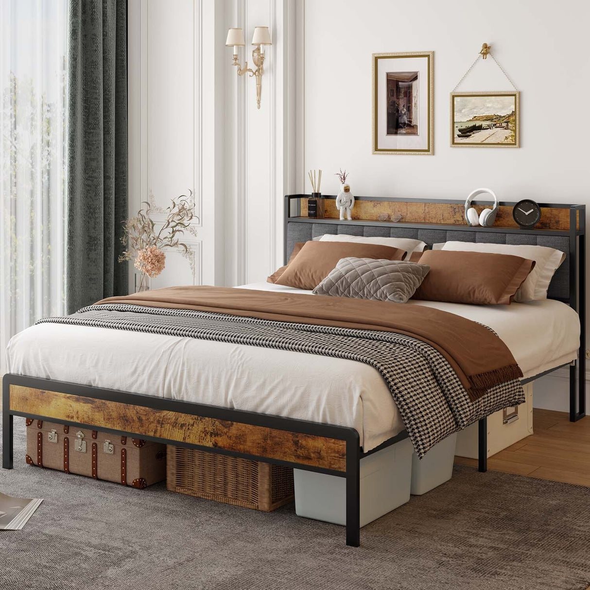 Full/Queen/King Size Metal Platform Bed Frame with Upholstered Storage Headboard