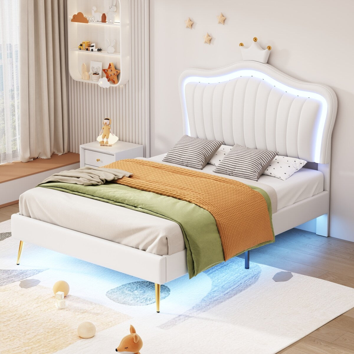 Full/Queen Size Modern Upholstered Princess Bed With Crown Headboard And LED Lights