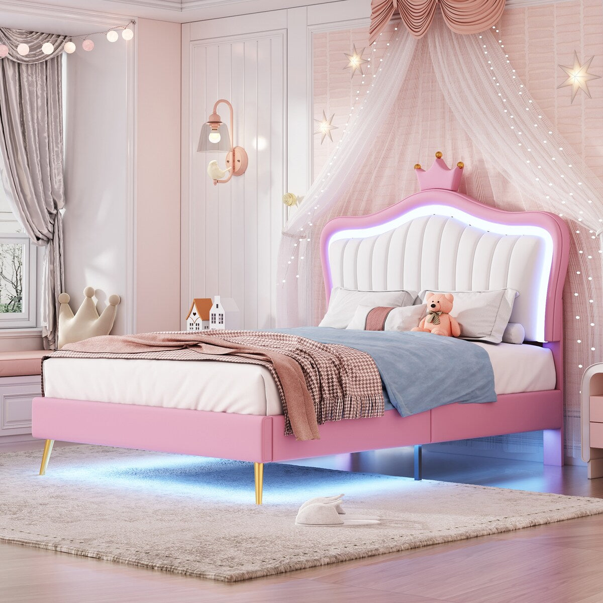 Full/Queen Size Modern Upholstered Princess Bed With Crown Headboard And LED Lights