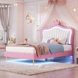 Full/Queen Size Modern Upholstered Princess Bed With Crown Headboard And LED Lights