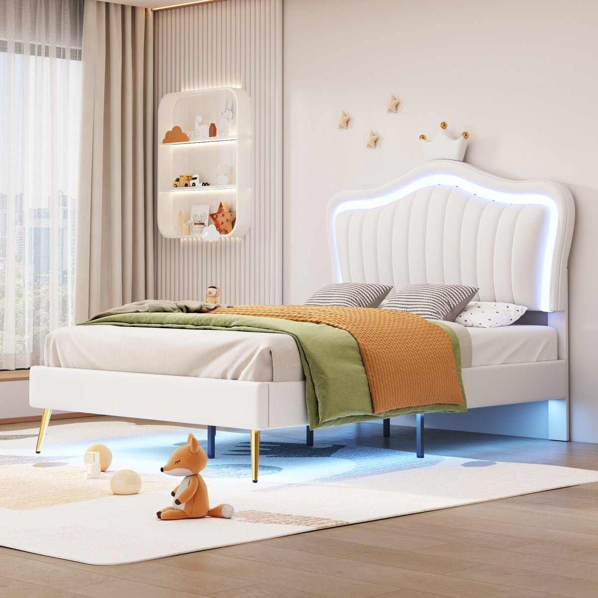 Full/Queen Size Modern Upholstered Princess Bed With Crown Headboard And LED Lights