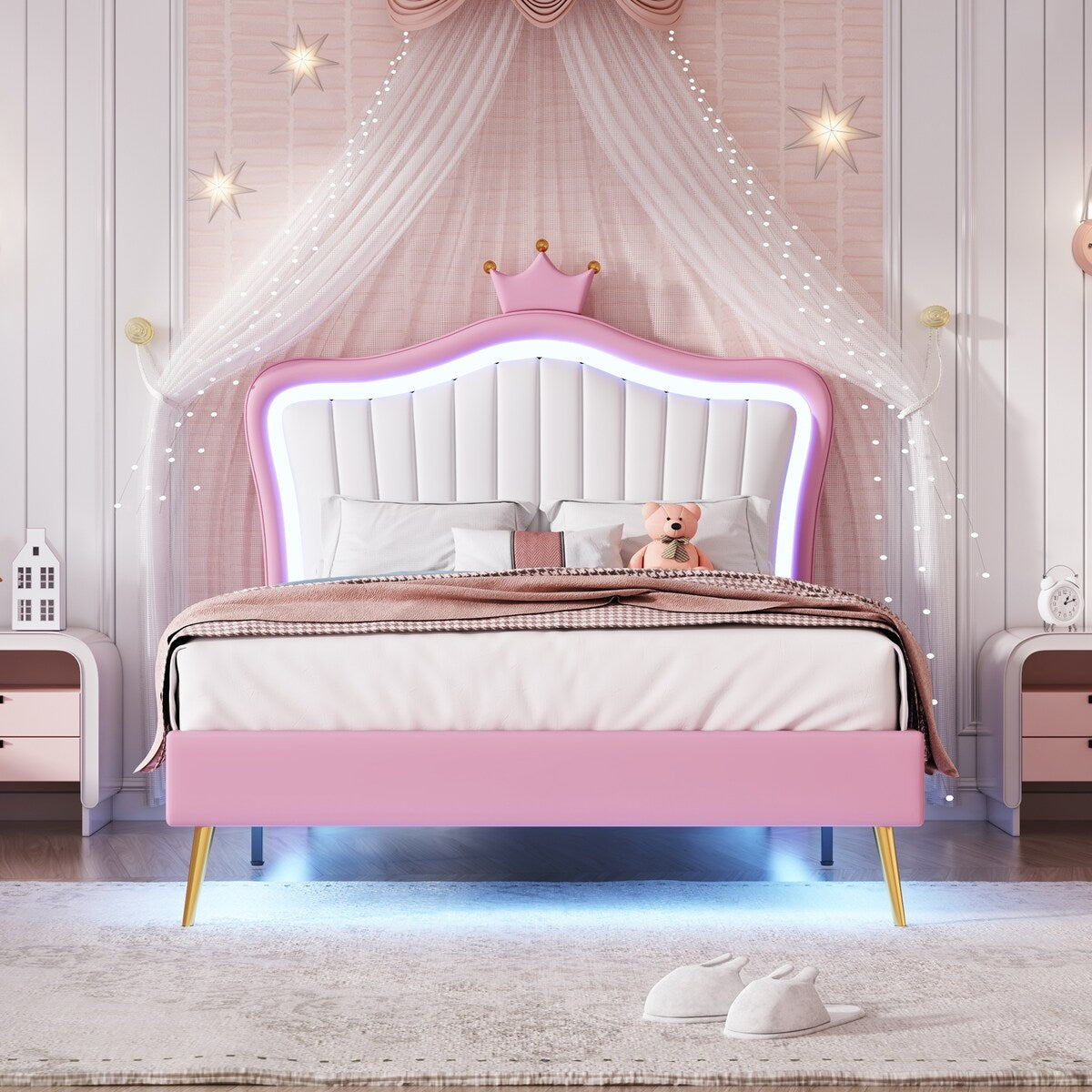 Full/Queen Size Modern Upholstered Princess Bed With Crown Headboard And LED Lights