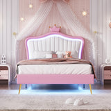 Full/Queen Size Modern Upholstered Princess Bed With Crown Headboard And LED Lights