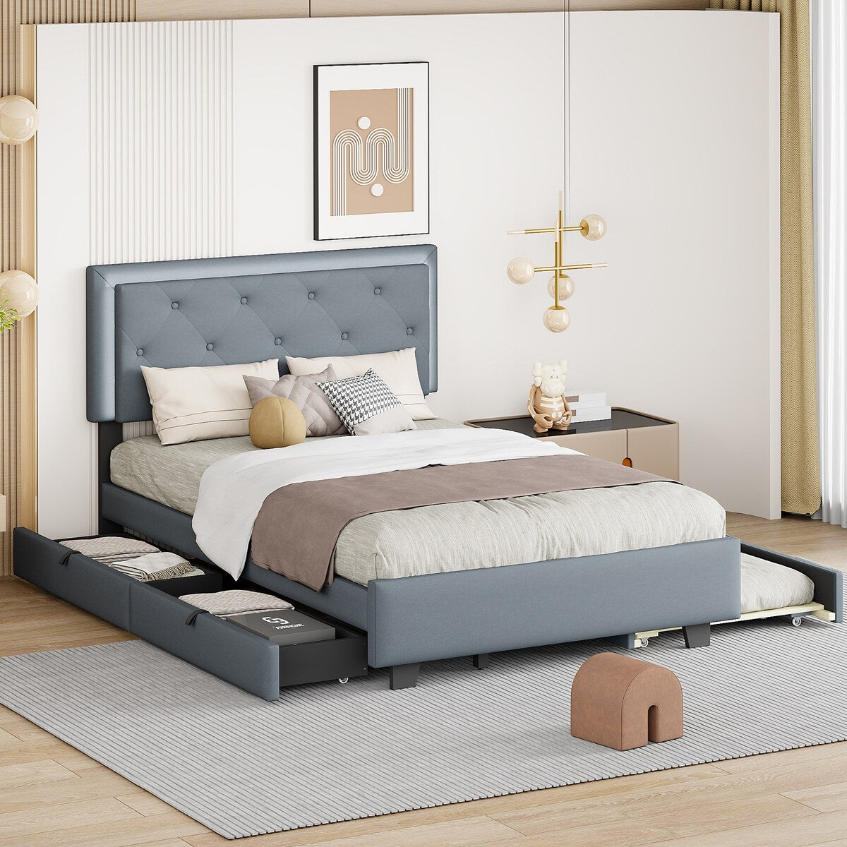 Full Queen Size Upholstered Bed Frame w Twin XL Size Trundle 2 Big Overstock
