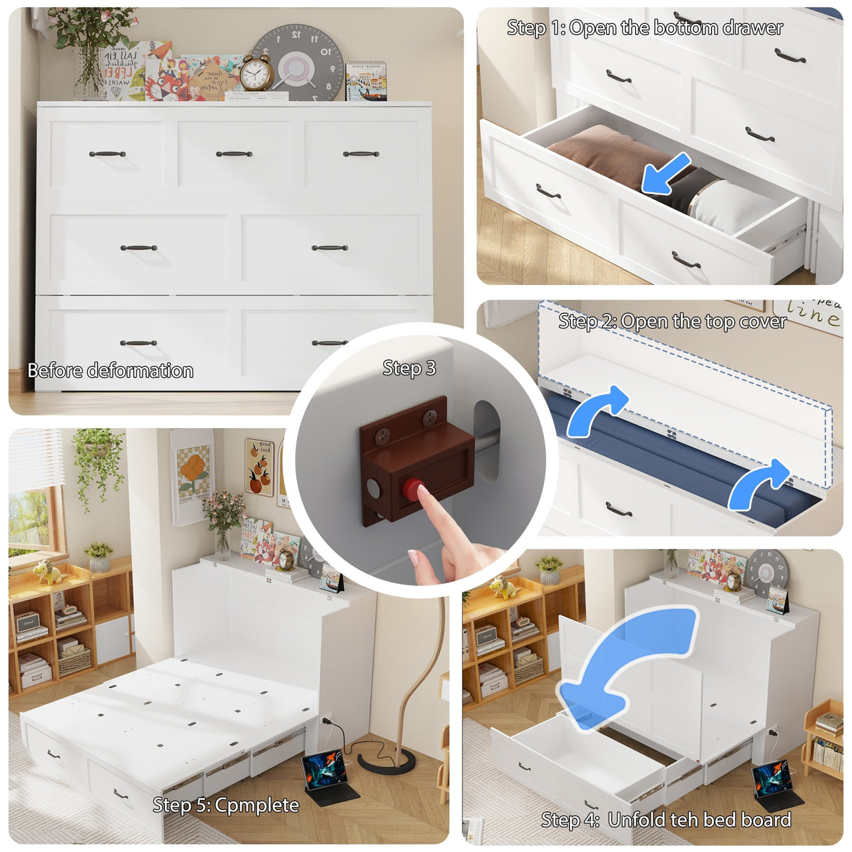 Full Size Bed Cabinet Dresser Bed w/ Drawer Convert into Cube Cabinet