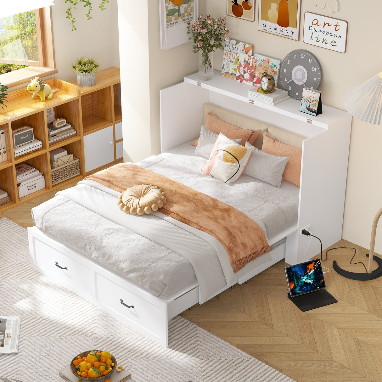 Full Size Bed Cabinet Dresser Bed w/ Drawer Convert into Cube Cabinet