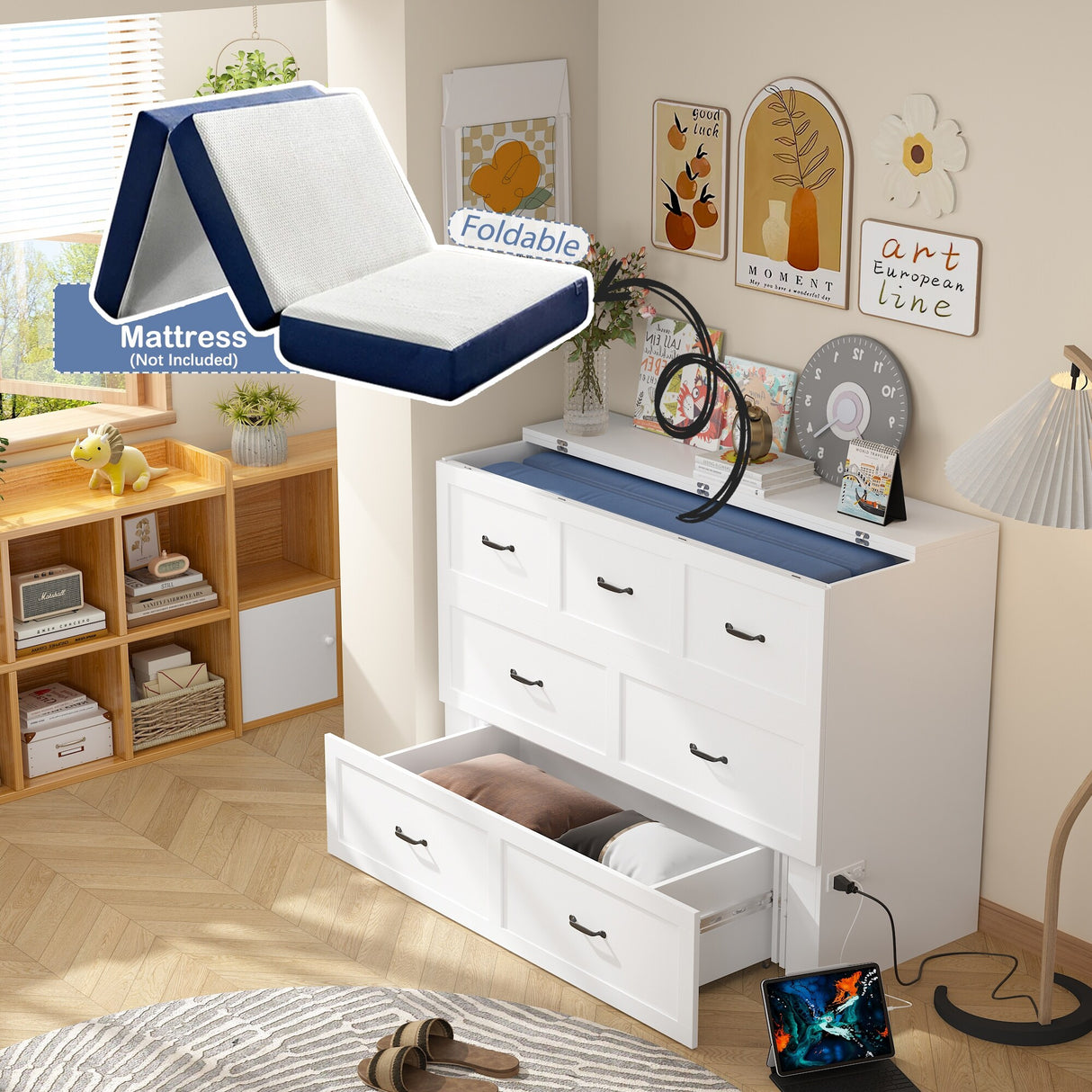 Full Size Bed Cabinet Dresser Bed w/ Drawer Convert into Cube Cabinet