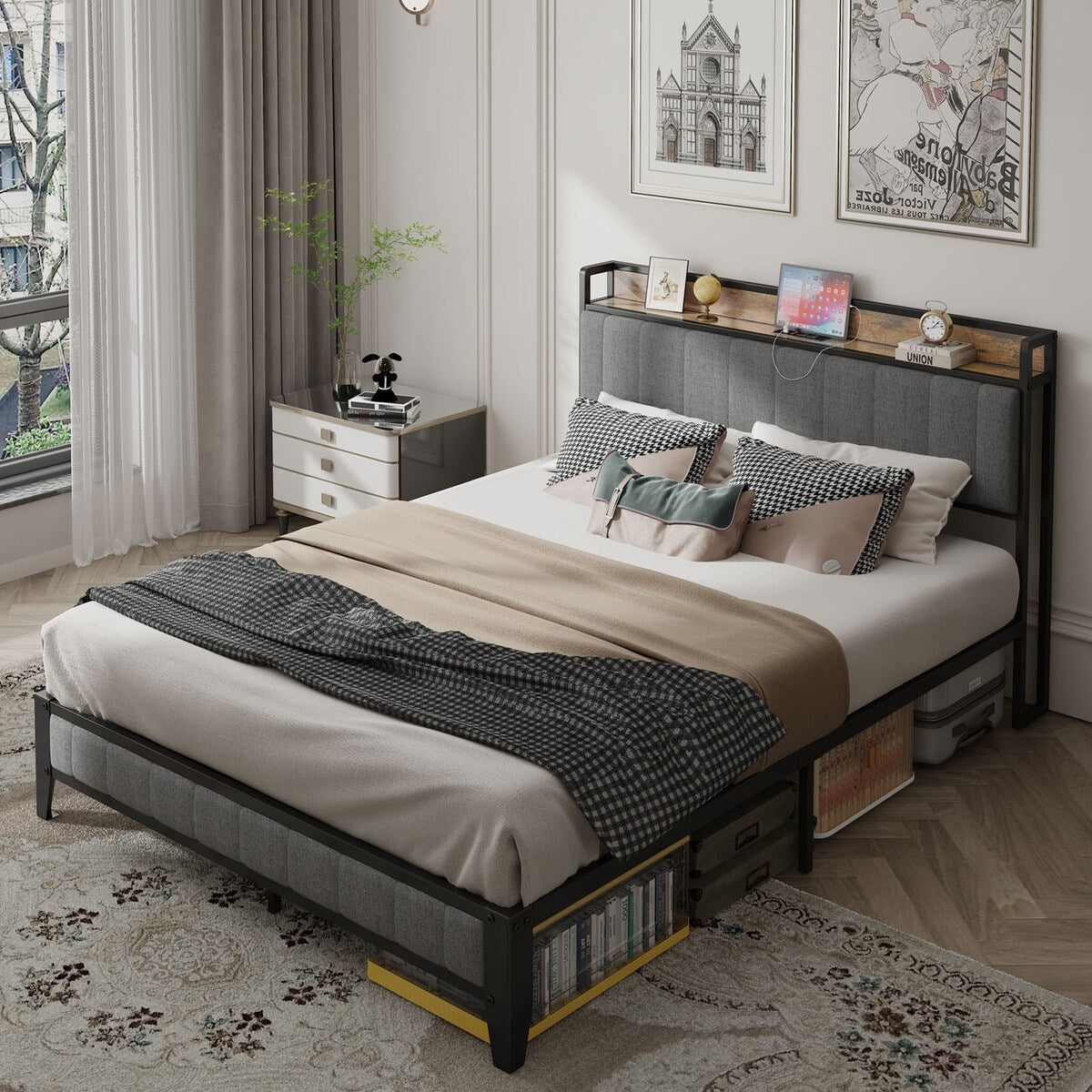 Full Size Bed Frame with Charging Station, Upholstered Headboard, Metal Platform, Suitable for Bedroom, Easy Assemble