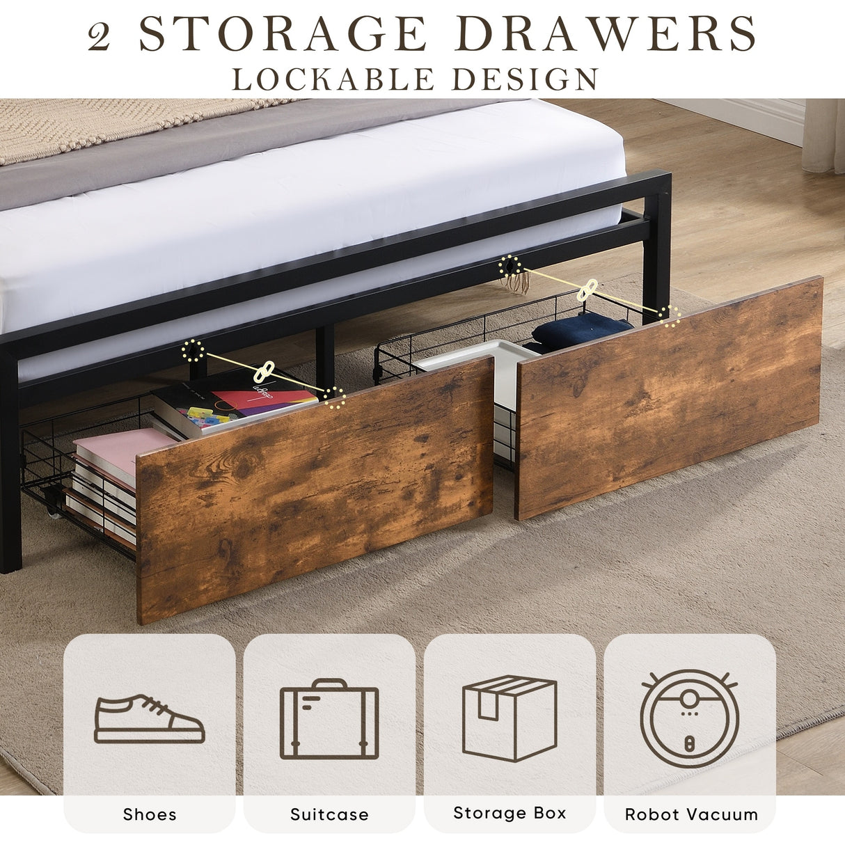 Full Size Bed Frame with Storage Headboard and 2 Drawers, LED Lights Bed with Charging Station