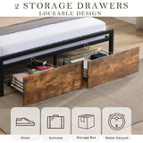 Full Size Bed Frame with Storage Headboard and 2 Drawers, LED Lights Bed with Charging Station