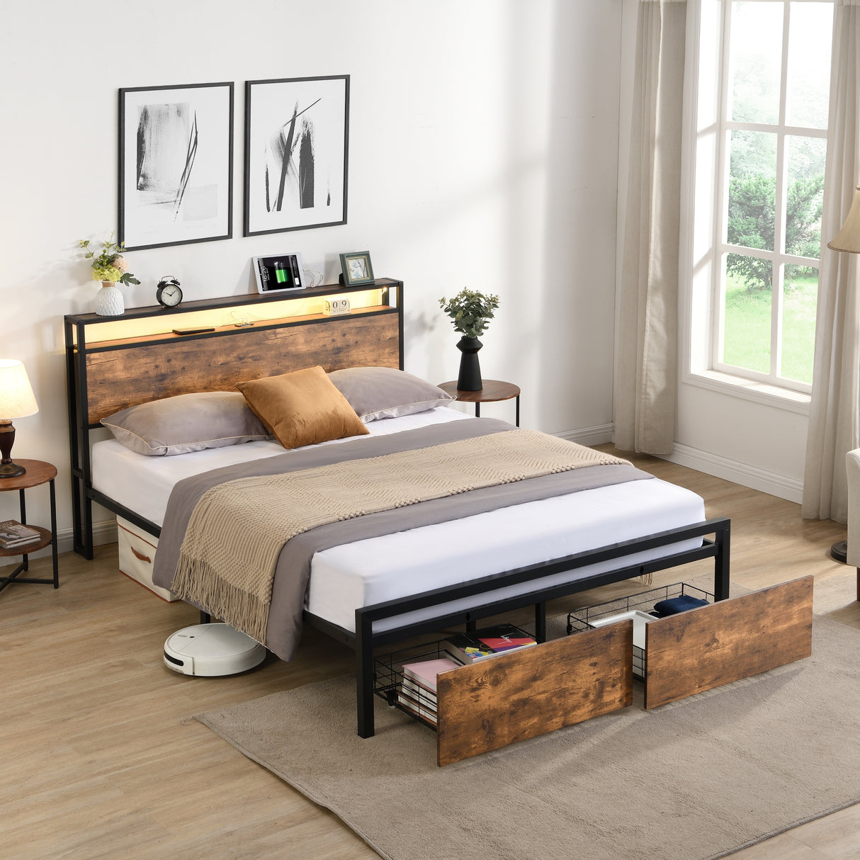 Full Size Bed Frame with Storage Headboard and 2 Drawers, LED Lights Bed with Charging Station