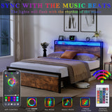 Full Size Bed Frame with Storage Headboard and 2 Drawers, LED Lights Bed with Charging Station