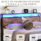 Full Size Bed Frame with Storage Headboard and 2 Drawers, LED Lights Bed with Charging Station