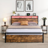 Full Size Bed Frame with Storage Headboard and 2 Drawers, LED Lights Bed with Charging Station