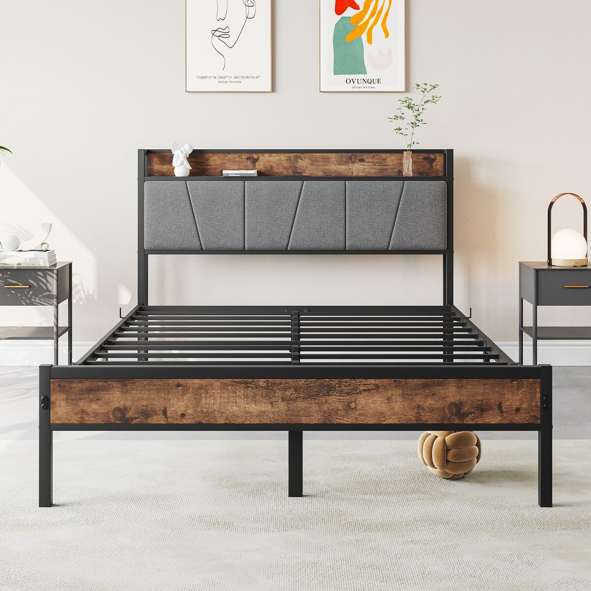 Full Size Bed Frame, Storage Headboard with Charging Station, No Box Spring Needed, Vintage Brown and Gray