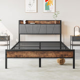 Full Size Bed Frame, Storage Headboard with Charging Station, No Box Spring Needed, Vintage Brown and Gray