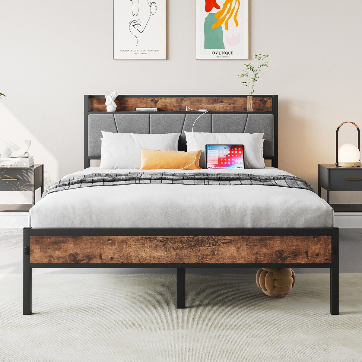 Full Size Bed Frame, Storage Headboard with Charging Station, No Box Spring Needed, Vintage Brown and Gray