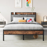 Full Size Bed Frame, Storage Headboard with Charging Station, No Box Spring Needed, Vintage Brown and Gray
