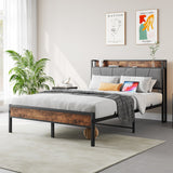 Full Size Bed Frame, Storage Headboard with Charging Station, No Box Spring Needed, Vintage Brown and Gray