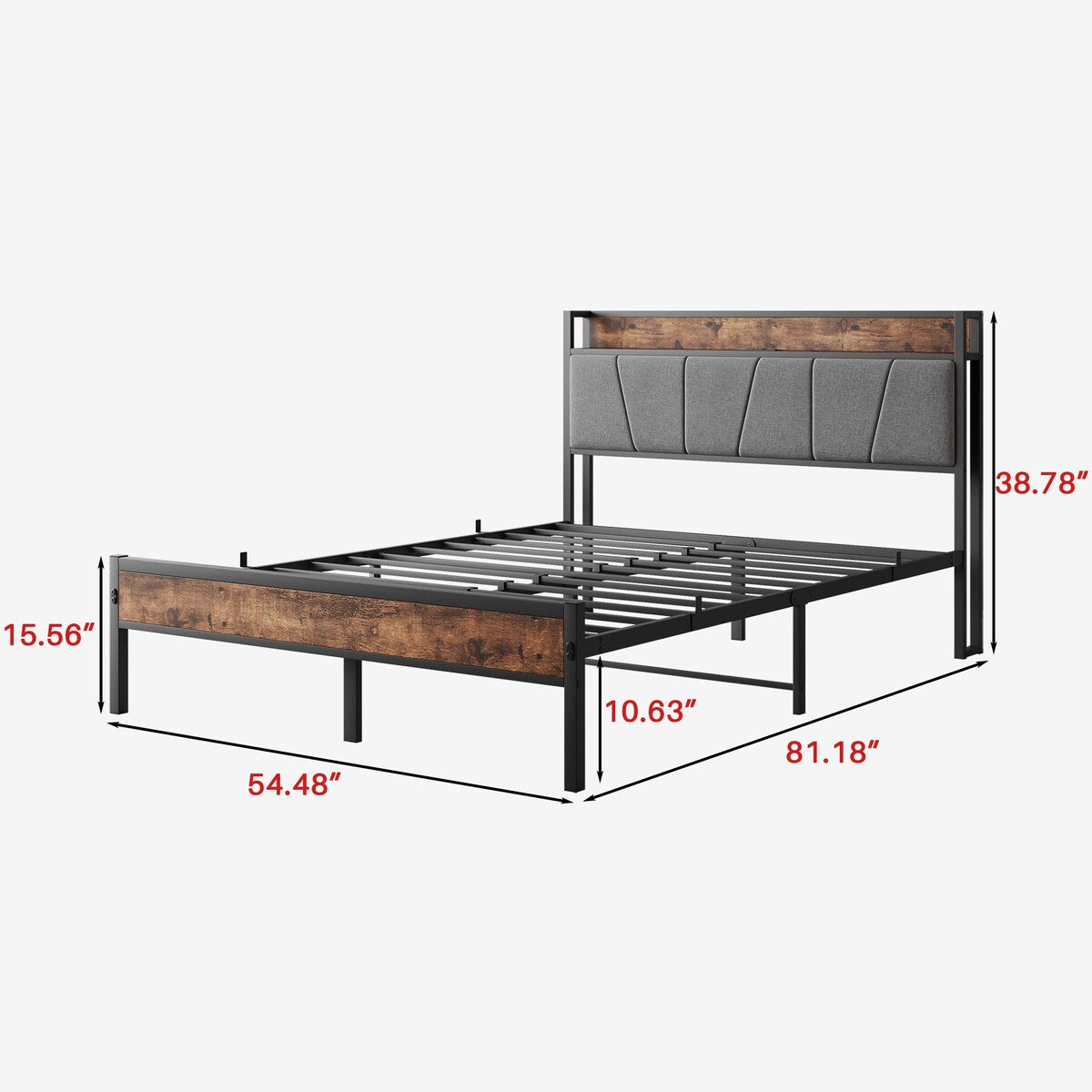 Full Size Bed Frame, Storage Headboard with Charging Station, No Box Spring Needed, Vintage Brown and Gray