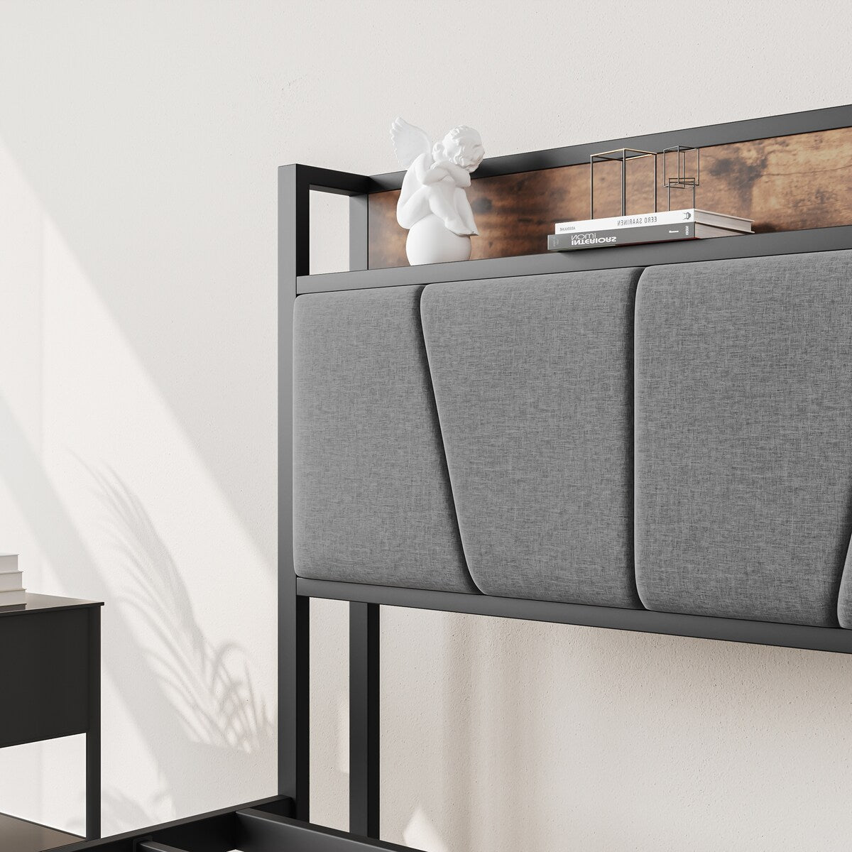 Full Size Bed Frame, Storage Headboard with Charging Station, No Box Spring Needed, Vintage Brown and Gray