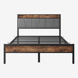 Full Size Bed Frame, Storage Headboard with Charging Station, No Box Spring Needed, Vintage Brown and Gray