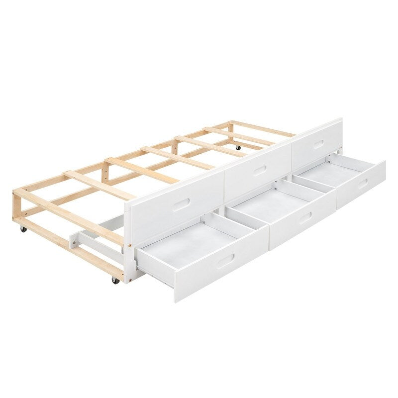 Full Size Bed with Headboard, USB, Twin Size Trundle and 3 Drawers, Gray