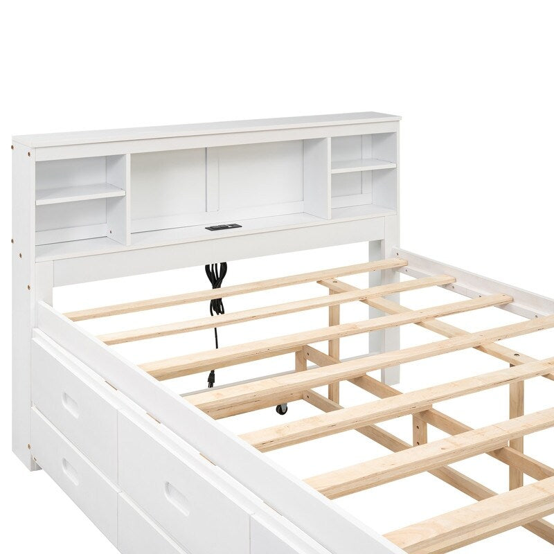 Full Size Bed with Headboard, USB, Twin Size Trundle and 3 Drawers, Gray