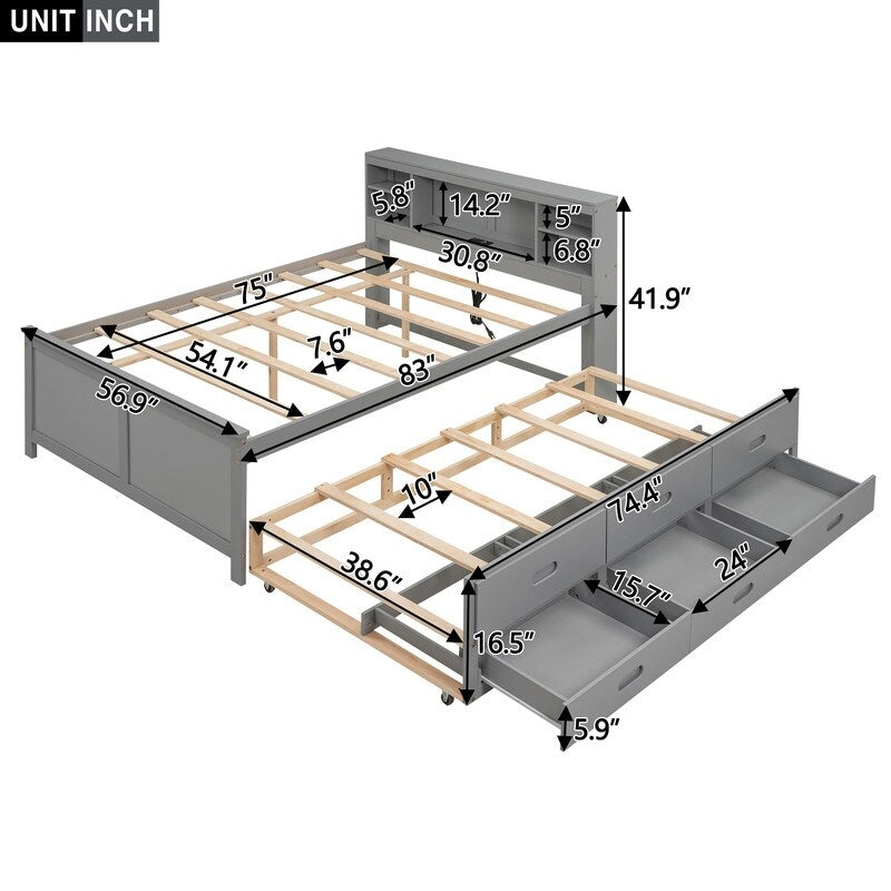 Full Size Bed with Headboard, USB, Twin Size Trundle and 3 Drawers, Gray