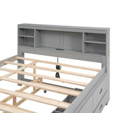 Full Size Bed with Headboard, USB, Twin Size Trundle and 3 Drawers, Gray