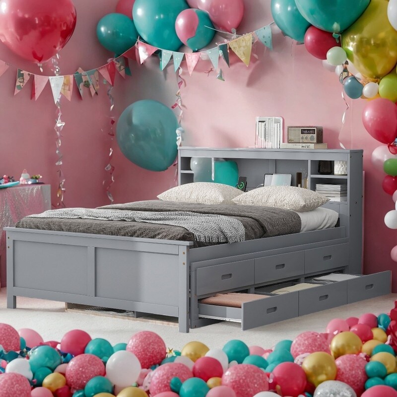 Full Size Bed with Headboard, USB, Twin Size Trundle and 3 Drawers, Gray