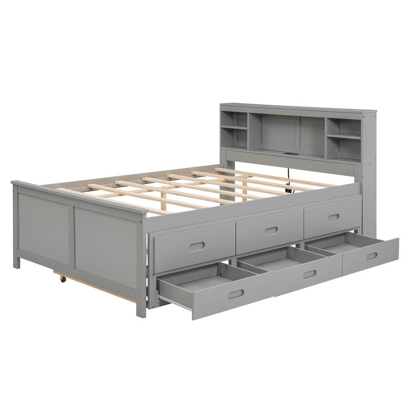 Full Size Bed with Headboard, USB, Twin Size Trundle and 3 Drawers, Gray