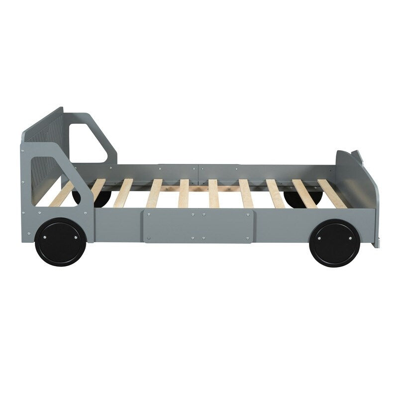 Full Size Car-Shaped Platform Bed with Wheels, Plywood Kids Platform Bed Frame for Bedroom, Grey