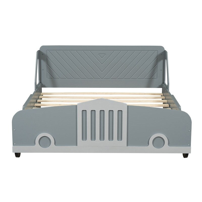 Full Size Car-Shaped Platform Bed with Wheels, Plywood Kids Platform Bed Frame for Bedroom, Grey