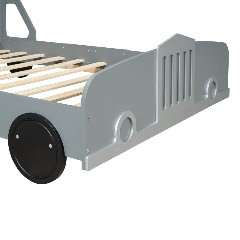Full Size Car-Shaped Platform Bed with Wheels, Plywood Kids Platform Bed Frame for Bedroom, Grey