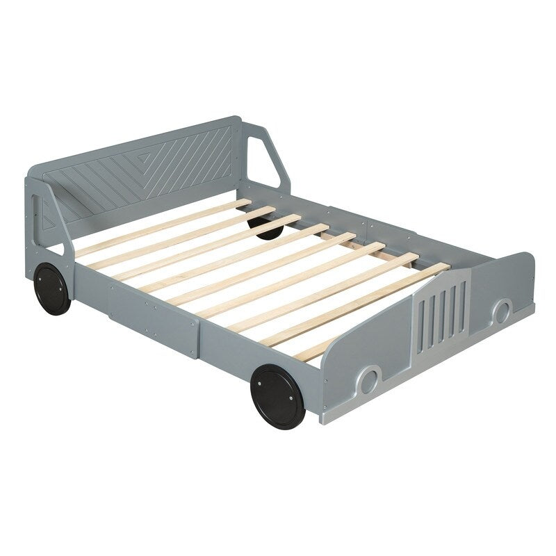 Full Size Car-Shaped Platform Bed with Wheels, Plywood Kids Platform Bed Frame for Bedroom, Grey