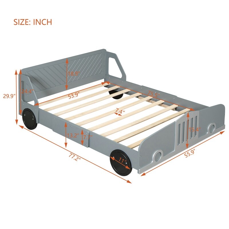 Full Size Car-Shaped Platform Bed with Wheels, Plywood Kids Platform Bed Frame for Bedroom, Grey